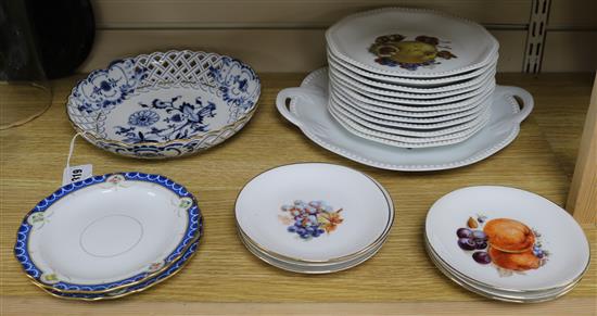 A Meissen onion pattern dish and a Rosenthal fruit service, two Meissen plates